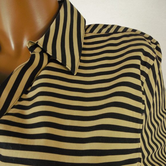 CHICO'S Top L Sz 2 Wrinkle Resist Tan/Black Stripe Button Down Blouse Cotton - Picture 3 of 9